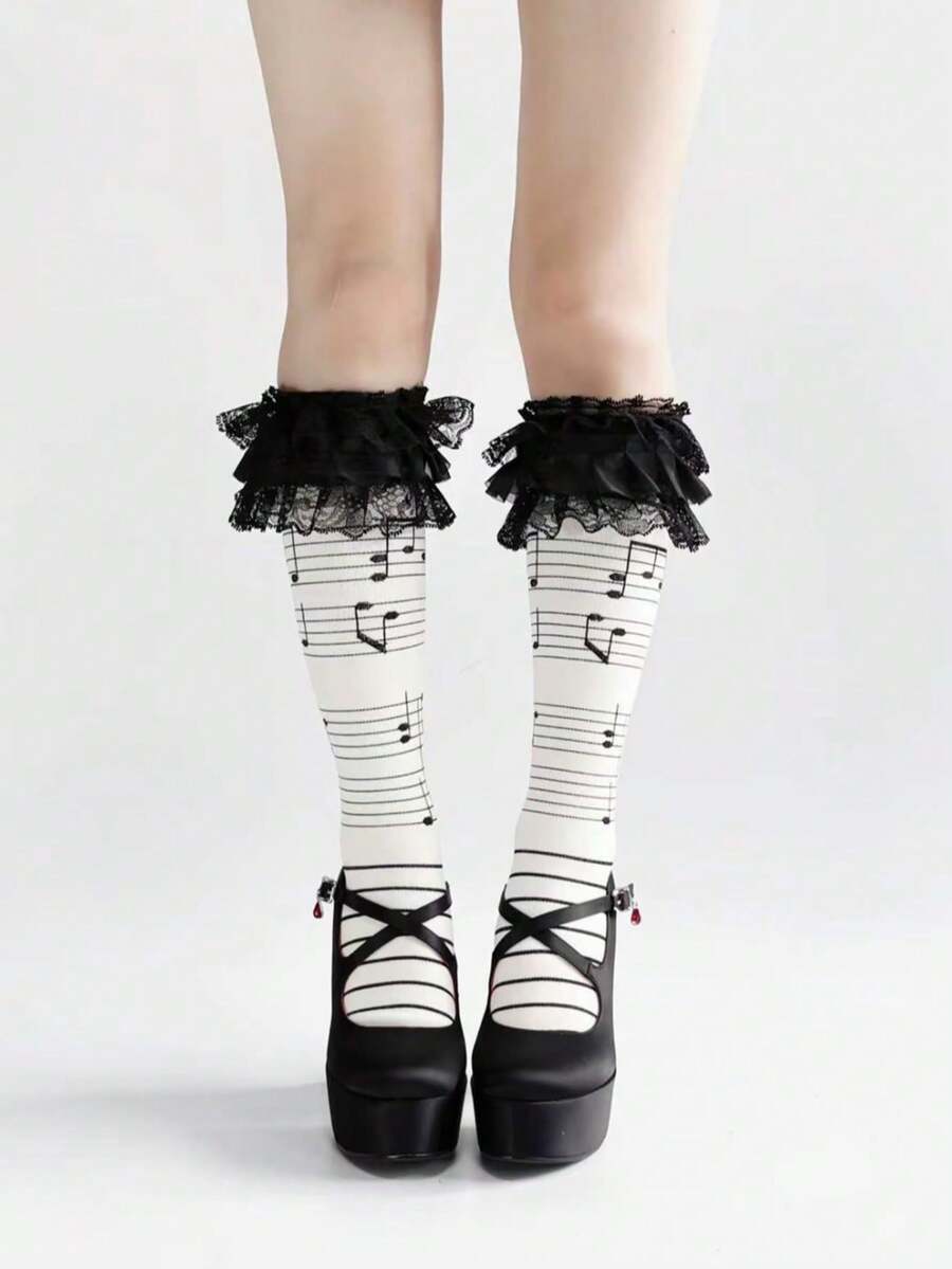 1 par de calcetines hasta la rodilla con volantes de encaje y notas musicales estilo Kawaii Lolita para mujer, para primavera/verano, Y2k - Multicolor - Ver 1