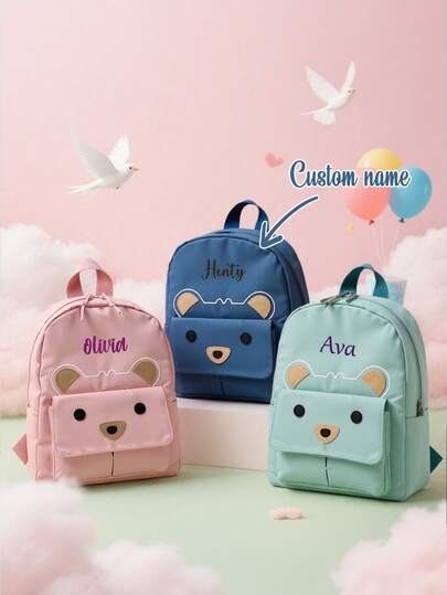 1 pieza Mochila de dibujos animados bordada personalizable con patrón de oso lindo, ligera, adecuada para niños o niñas, ideal para la escuela, viajes y uso diario, regalo de cumpleaños de niños, graduación, Navidad, invierno, otoño, escuela, al aire libre/picnic/viaje/senderismo/campo deportivo/ejercicio/escalada, regalo de regreso a clases, edición de Halloween, moda de regreso a clases, regalo de Navidad