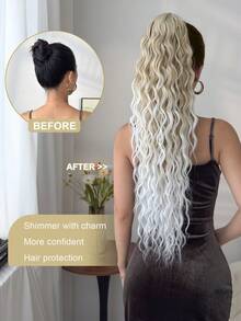 26 Inch Wavy Curly Elastic Claw Ponytail Hair Extensions, Heat Resistant, Black - Beige Ombre - View 4
