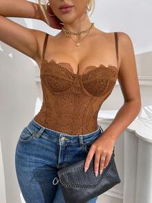 EZNV 1 pieza Body con adorno de encaje a la moda, con soporte y ajuste ceñido - Marrón - Ver 6