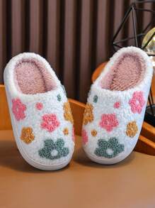 Girls Fluffy Lined Slippers, Warm Comfortable Home/Outdoor Wear Embroidered Closed Toe Slippers For Kids Toddlers, Autumn/Winter