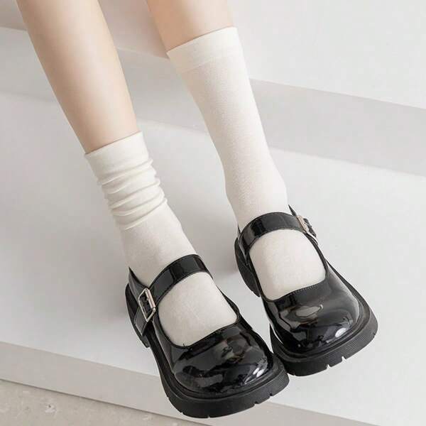1/5pairs Of Women's Socks White Socks Solid Color Comfortable Sports Socks Mid Socks