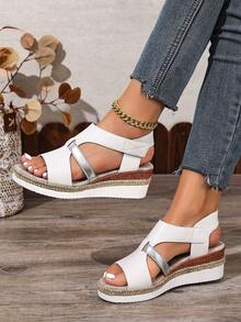 Casual Elegant Linen Rope Sole Platform Open Toe Hook And Loop Strap Roman Style Women Sandals - White - View 6
