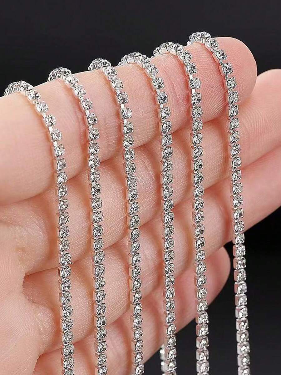 1m/3m/10m 单排水钻链，多功能 DIY 水晶爪链，适用于服装、鞋子、包包、装饰 - 銀色白鑽 - 查看 1