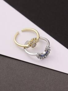 1 Pair Fashionable Rhinestone Star & Moon Design Stackable Copper Rings, Suitable For Women Casual, Dating, Valentine's Day, Wedding, Birthday Gifts - Sun and Moon Ring - View 8