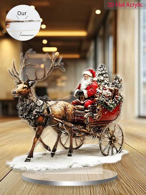 2D Flat 1pc Acrylic Santa Claus Pulling Reindeer Sleigh Decoration - (20cm/7.87inch) Suitable For Home, Birthday Gift, Office, Room, Sun Catcher, Living Room Decoration, Durable Waterproof - Best Gift For Friends And Family
