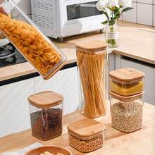 1pc Food Storage Container With Airtight Bamboo Lid, Available In 460ml, 1100ml, 2400ml Capacity - Durable, Transparent PET Material, Square Shape, Suitable For Storing Pasta, Sugar, Flour, Grains, Beans And More - Clear - View 5