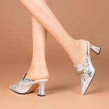 Soft Leather Closed-Toe Chunky Heel Sandals For Women, Summer Outdoor Fashion Snake Print Color Block Versatile Mid-Heel Sandals, Plus Size Half Slippers - Silver White [HH-900002] - View 5