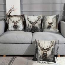 4 Stücke Vintage Hirsch Portrait Kissenbezüge, Polyester Kissenbezüge in verschiedenen Größen, mit verzaubertem Wald Design, Spitzendetails, Reißverschluss, maschinenwaschbar, geeignet für Heim- und Bürodekoration