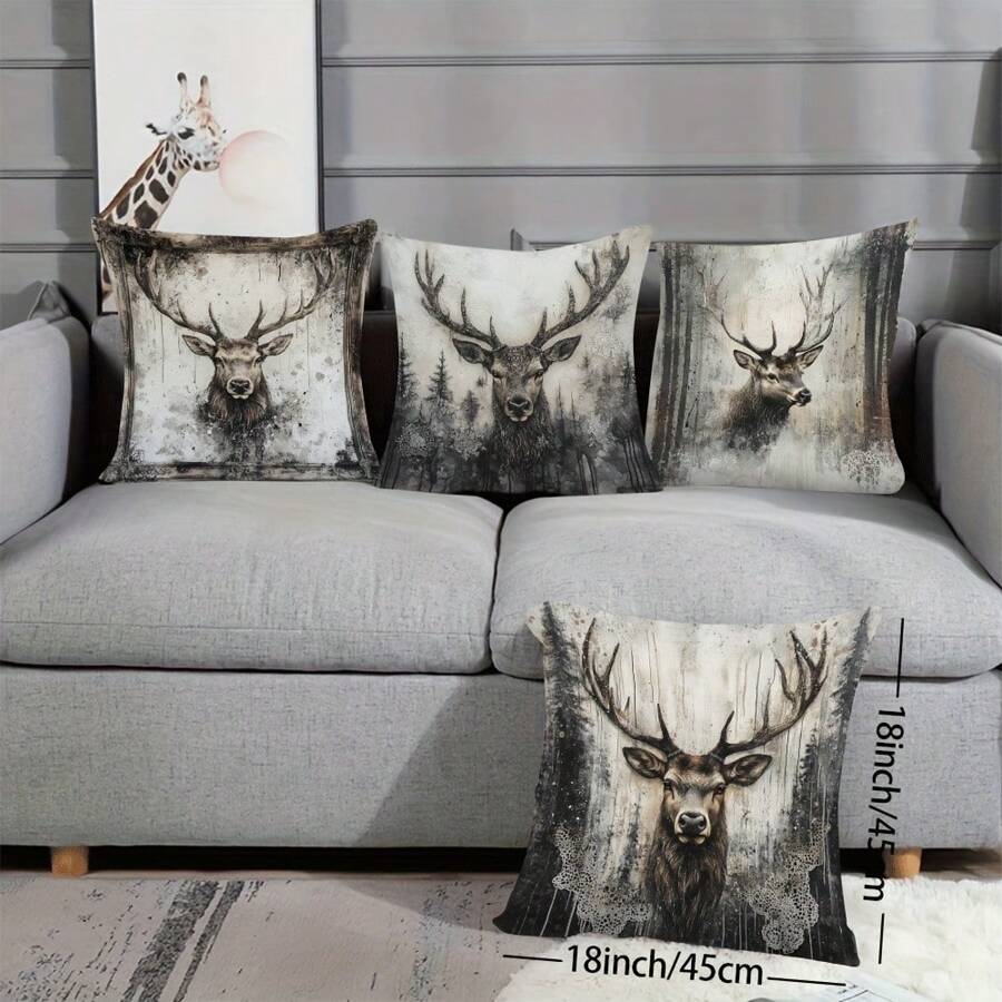 4 Stücke Vintage Hirsch Portrait Kissenbezüge, Polyester Kissenbezüge in verschiedenen Größen, mit verzaubertem Wald Design, Spitzendetails, Reißverschluss, maschinenwaschbar, geeignet für Heim- und Bürodekoration