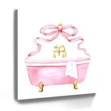 1pc Framed Canvas Wall Art, Pink Bathroom Vintage Bow Art Print Canvas Poster Painting Wall Decor, Ideal Gift For Bedroom Living Room Hallway Dorm, Ready To Hang