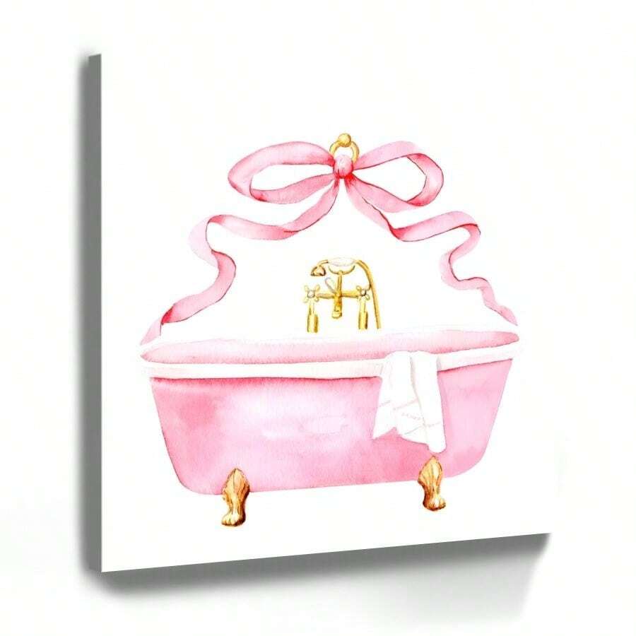 1pc Framed Canvas Wall Art, Pink Bathroom Vintage Bow Art Print Canvas Poster Painting Wall Decor, Ideal Gift For Bedroom Living Room Hallway Dorm, Ready To Hang