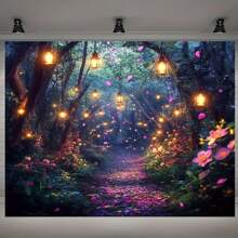 1pc Vintage Enchanted Forest Wall Tapestry - Magical Woodland Scene With Lanterns & Flowers, Soft Peach Light Beige Polyester Fabric, No Electricity/Battery Needed, Versatile Size Options For Bedroom & Indoor Wall Decor, Enchanting Atmosphere | Vibrant Color Quality, Forest Decor
