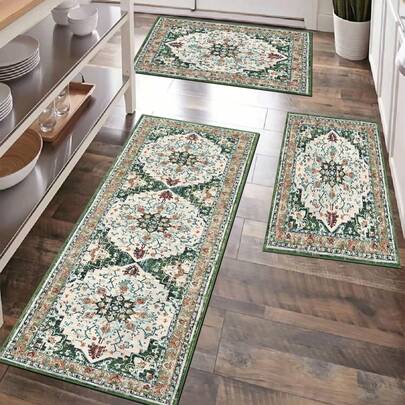 1pc Green Bohemian Style Kitchen Rug, Modern Super Soft Fiber Kitchen Mat, Comfortable Bedside Rug, Hallway Carpet, Stripe Rug, Non-Slip Absorbent Kitchen Mat, Suitable For Floors, Comfortable Standing Mat, Running Mat, Party Gathering Home Decor Rug, Indoor Entrance Mat, Outdoor Doormat, Thick Soft Kitchen Floor Mat, Non-Slip Kitchen Decorative Rug, Easy To Clean Entryway Welcome Mat