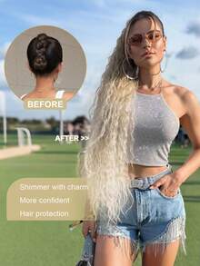 26 Inch Wavy Curly Elastic Claw Ponytail Hair Extensions, Heat Resistant, Black - Beige Ombre - View 7