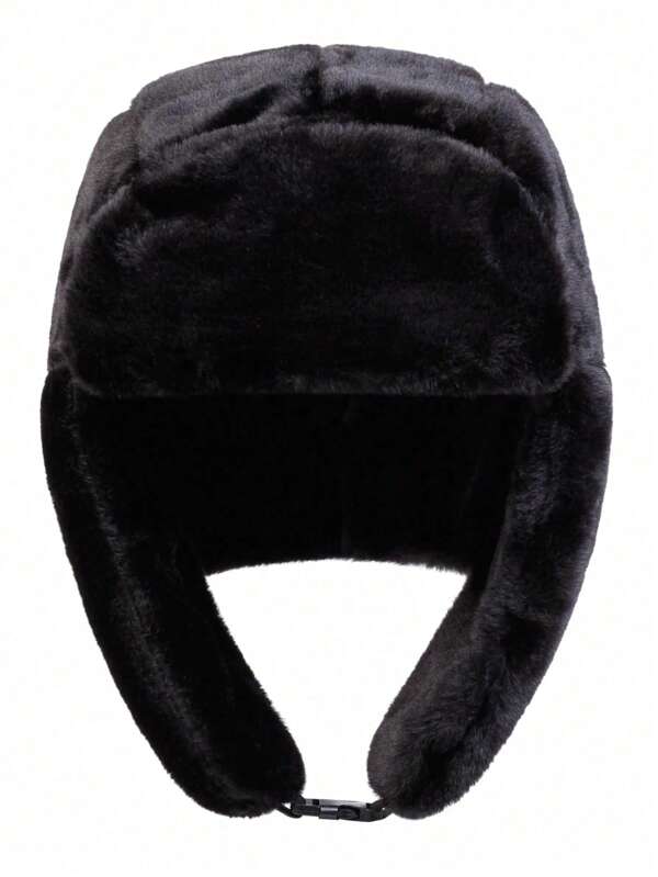 Sanrio 1pc Men's Black Fluffy Earflap Aviator Hat With Adjustable Chin Strap For Outdoor Sun Protection, Suitable For Spring And Autumn Travel, Beach Party Casual
