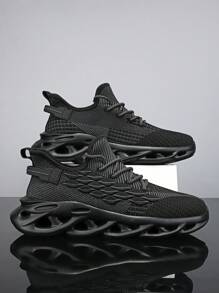 男士新款休闲运动鞋，时尚百搭网眼前系带轻便舒适跑步鞋 - 黑色 - 查看 2