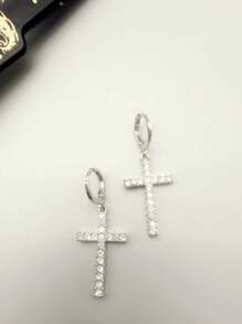 1 Pair Fashionable Unique Crystal Studded Cross Drop Earrings