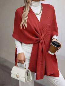 Stylish Women's Knit Vest Poncho Kimono Cape - 紅色 - 查看 2