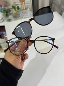 Women's Clip-On 2 In 1 Round Small Size Polarized Lens Eyeglasses Frame PZ948 - Coffee Brown - View 5