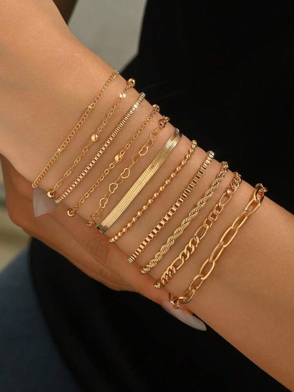 11pcs Fashion Versatile Love Snake Bone Chain Bracelet Set, Suitable For Women's Daily Life, Parties, Street Style, Commuting Outfit, Satisfying Women's Daily Matching Needs