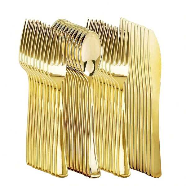 10/25/50/75/150pcs Gold Cutlery Set, Includes Knife/Fork/Spoon, Stainless Steel Mirror Polish, Dishwasher Friendly, Elegant & Durable, Suitable For Kitchen, Dining Room, Wedding, Birthday, Holiday Party, Outdoor Events, Shiny Gold Tableware