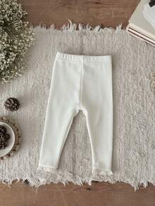 Newborn Baby Girls Solid Color Lace Trim Elastic Leggings, Spring/Autumn - Beige - View 3