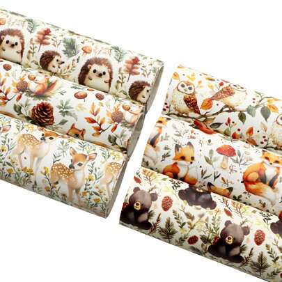 6Pcs/Set 7.87x12.99inch Animal Print Faux Leather Set, Squirrel Hedgehog Owl Pattern Synthetic Leather Fabric Sheets For DIY Earrings Hair Bows Crafts Bows Projects Supply