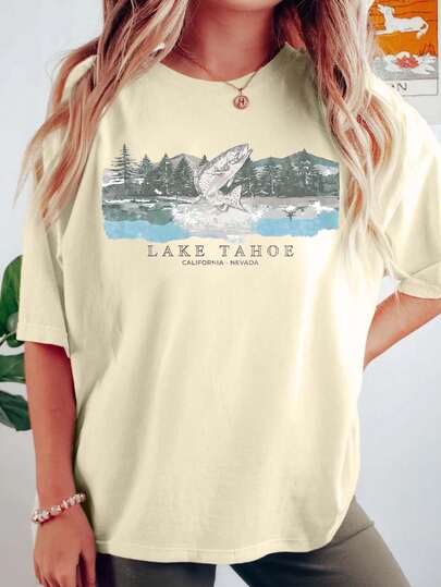 女式夏季复古太浩湖鱼图案印花圆领短袖简约休闲日常大码T恤上衣，大码湖景印花图案女式上衣，户外运动爱好者印花图案女式夏季服装，度假美学印花图案夏季上衣