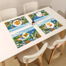 1/2/4/6 Set, Simple And Creative Watercolor Style Patterns, Bright Colors, Fashion, Minimalism, Linen Table Mat, Dining Table Decoration, Creative Printing, Washable Table Mat, Practical And Warm Desktop Decoration, Essential For Home And Kitchen, Suitable For Family Gatherings, Holiday Decoration, And Room Decoration.