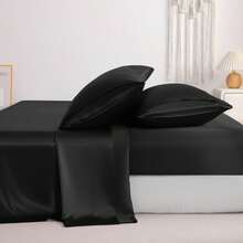 Black Satin Bed Sheet Set – Luxury Silky Sheets With Deep Pocket Fitted Sheet And Pillowcases - Black - View 8