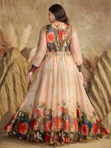 加大码女式甜心领随机花卉印花泡泡袖撞色设计优雅长裙 - 彩色 - 查看 2