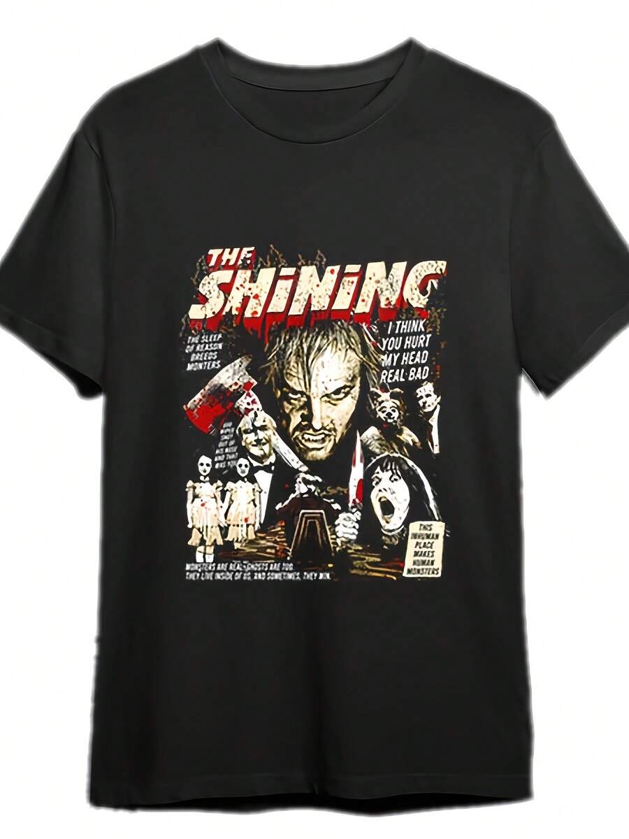 Camiseta gráfica negra para hombres "El Resplandor" - Manga corta, cuello redondo, diseño de película de terror con Jack Torrance y figuras fantasmales, camiseta para todas las estaciones, ropa de película de terror| Camisa con estampado de calavera| Ajuste Cómodo, Ropa de Halloween - Negro - Ver 1