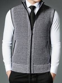 男士休闲保暖针织无袖毛衣背心，男士针织开衫，适合丈夫，秋季 - 淺灰色 - 查看 2
