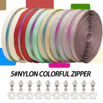 1 Set, 5# farbige Nylon-Reißverschlüsse, 5 Yards/450 cm + 10 Stücke kleine Blumen-Reißverschluss-Reißverschluss, für DIY Heim-Reißverschluss-Ersatz