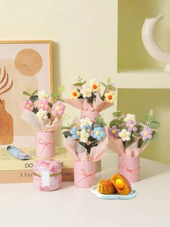 Flower Bouquet Gift, Including Knitted Artificial Flower Bouquet, Cylinder Flower Box, Home Decoration, Interior Decoration, Birthday Party Decoration, Wedding Anniversary Party Gift, Business Graduation Gift Decoration