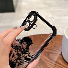 Un estuche de teléfono de diseño de bocetos negros elegantes y lujosos para personajes masculinos de anime populares, compatible con modelos de  16, 16E, 15, 14, 13, 12 Mini, 11 Pro Max, X, XR, XS Max, 8, 7 y Plus, con un borde negro y un respaldo transparente para caídas. - Negro - Ver 4