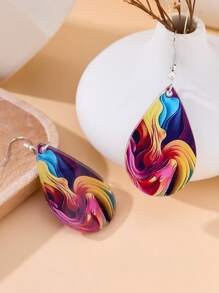 1pair Double-Sided Rainbow Printed Droplet Wooden Hook Earrings For Women, Boho Jewelry, Summer Ladies' Jewelry,Colorful Earrings