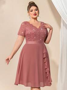 Elegant V-Neck Sequin Lace Contrast Color Chiffon Ruffle Hem Cocktail Party Dress - Dusty Pink - View 9