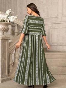 条纹几何印花正式晚礼服 - 軍綠色 - 查看 2