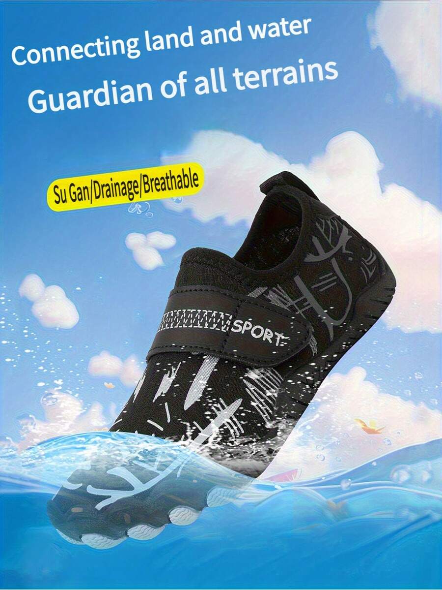 1 Pair Summer New Kids' Aqua Shoes, Stripe Print Breathable Mesh Quick-Drying, Boys Beach Swimming Shoes, Low-Top Hook And Loop Rubber Sole Anti-Slip Outdoor Cycling Shoes, Lightweight Indoor Yoga, Skipping, Running Trainers