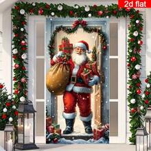 2D Door Hanging Banner, 2D Flat Banner, 1set Christmas Door Curtain Set - Polyester Santa Claus Delivering Gift Decor, Vibrant Holiday Home Entrance Banner, Multipurpose Hanging New Year Winter Party Decoration