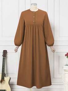 Đầm nữ thời trang dáng rộng cổ tròn tay phồng, kiểu dáng thường ngày, thích hợp cho mùa xuân. - màu nâu - Xem 4