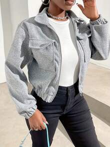 Women's Solid Color Long Sleeve Zip-Up Collar Casual Utility Jacket With Pockets