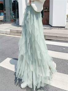 1pc Women Asymmetric Ruffled Layered Mesh Tulle Skirt - Mint Green - View 5