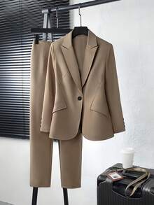 Women's Casual Business Commute Mandarin Collar Single-Breasted Slim Fit Long Sleeve Blazer And Straight Pants Set, Autumn/Winter