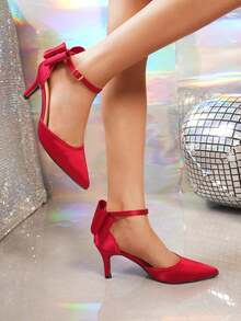 Wiosenne/jesienne satynowe bordowe kokardki ze spiczastym noskiem i paskiem na kostce na wysokich obcasach dla kobiet - Burgund - Zobacz 4