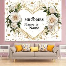 1pc Personalized Name Banner Background Cloth, Elegant White Floral Background, Golden Heart Frame Element Print, Multifunctional Party Wall Tapestry Home Decor, Wedding, Anniversary Party - Multicolor - View 4