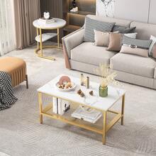 2er-Set Couchtische mit Stauraum – Moderne runde und rechteckige Marmoroptik – Metallrahmen – Beistelltische für Wohnzimmer/Balkon – Gold