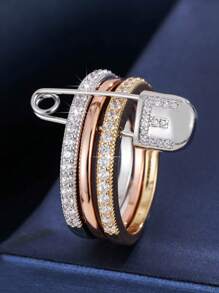 1 pezzo Anello da donna unico con design a 3 anelli e un singolo ago, decorato con zirconia cubica